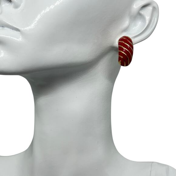 Vintage Red Enamel Gold Tone Half Hoop Earrings Striped Post Backs Designer - Picture 1 of 4